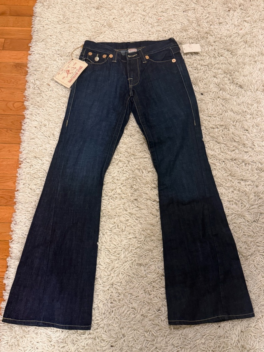 True Religion Joey big T low rise Dark Blue Flared Jeans with Contrast Stitching